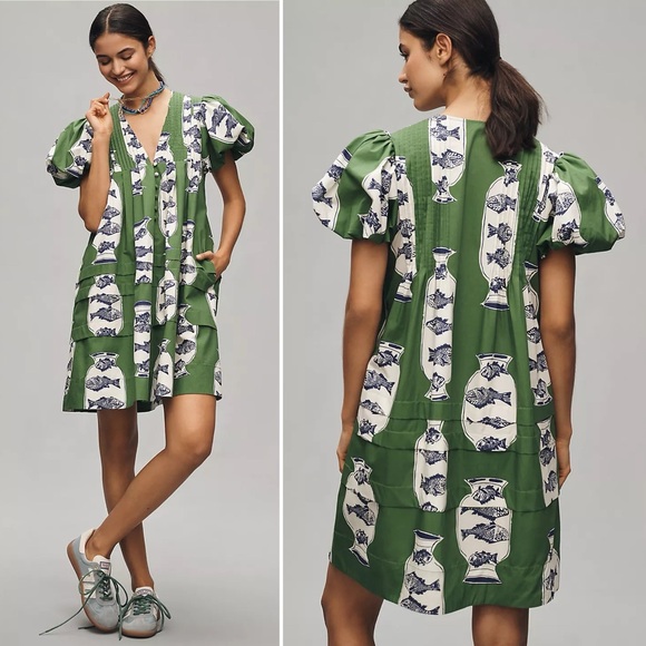 Hunter Bell Wilkes Dress Herring Green Puff Sleeve Cotton Size Medium NWT - Picture 12 of 17